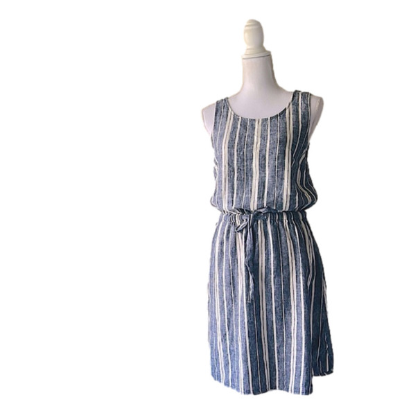 Old Navy Linen Dress Size SP Blue and White Color cinched waist striped - Picture 1 of 7